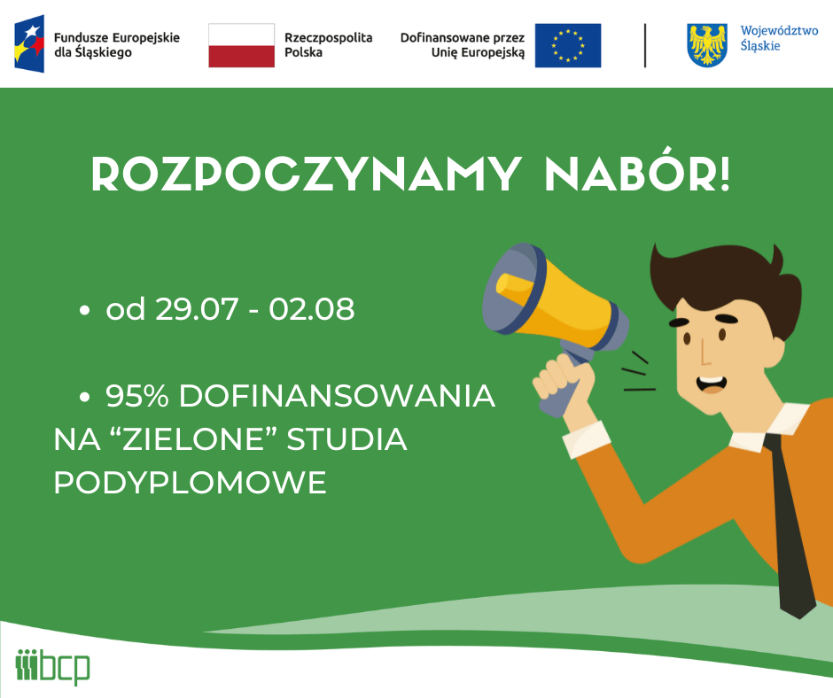 obrazek informujący o rozpoczęciu naboru wraz z zestawem wymaganych logotypów: Fundusze Europejskie dla Śląskiego, Flaga Polski, Unia Europejska, herb Województwa Śląskiego