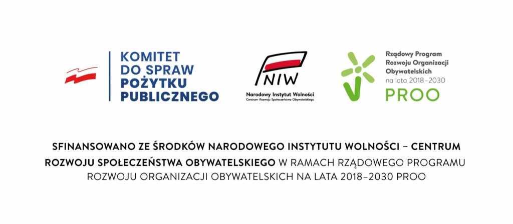 zestaw logotypów: Komitet do spraw pożytku publicznego, NIW, PROO wraz z  informacją o finansowaniu ze środków NIW  w ramach Rządowego Programu Rozwoju Organizacji Obywatelskich na lata 2018-2030 