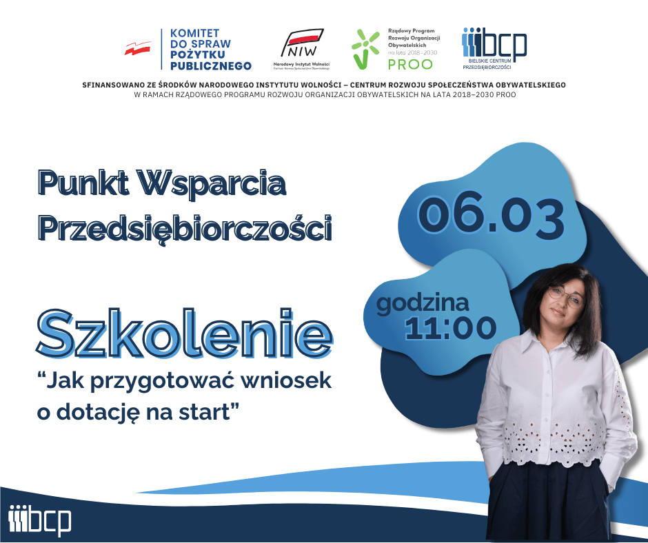 Obrazek informujący o szkolenie wraz z logotypami: komitet do spraw pożytku publicznego, NIW, PROO, BCP oraz napisem dotyczącym finansowania z NIW-CRSO w ramach PROO