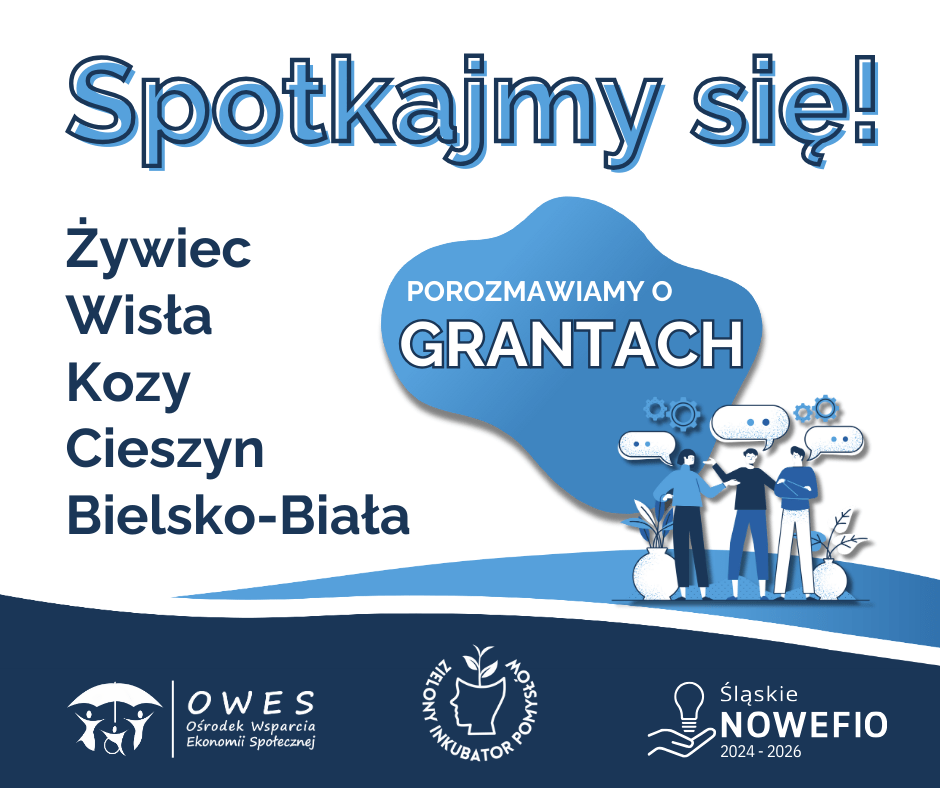 Obrazek informujący o spotkaniach informacyjnych wraz z logami projektów OWES, NOWEFIO i ZIP