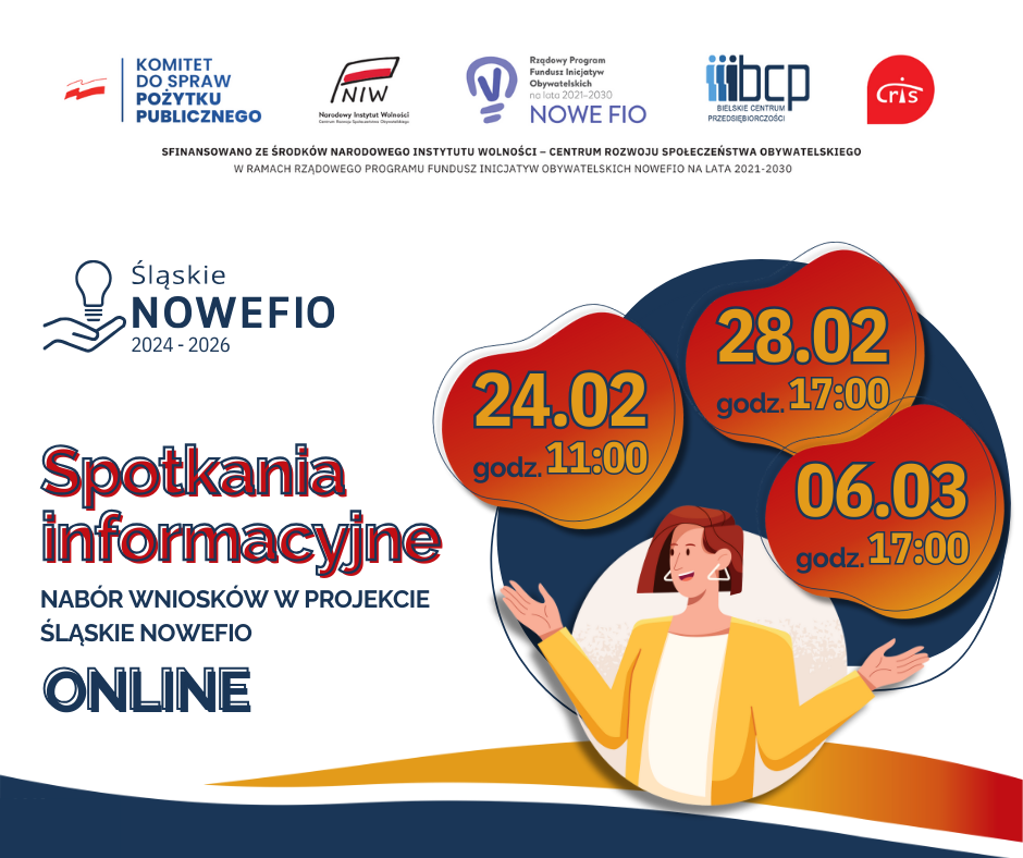 Informacja o naborze wniosków do Śląskie NOWEFIO wraz z zestawem wymaganych logotypów: Komitet do spraw pożytku publicznego, NIW, Nowe Fio oraz realizatorów projektu: BCP oraz CRIS