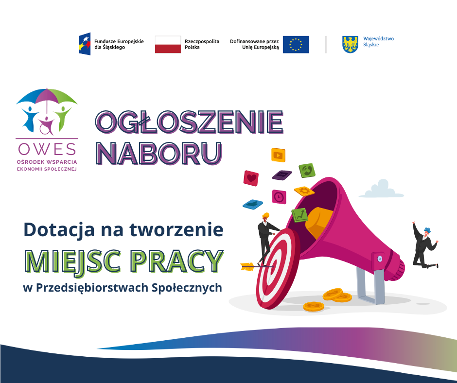 obrazek informujący o planowanym naborze na tworzenie miejsc pracy w przedsiębiorstwach społecznych wraz z zestawem wymaganych logotypów: Fundusze Europejskie dla Śląskiego, Flaga Polski, Unia Europejska, herb Województwa Śląskiego