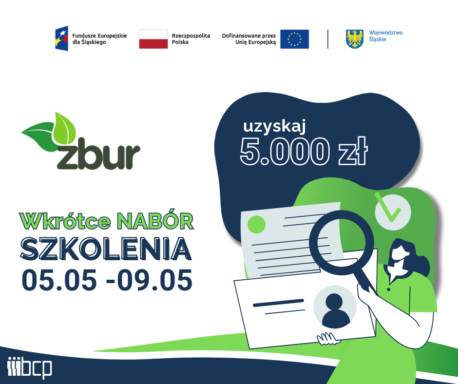 obrazek informujący o planowanym naborze na zielone szkolenia wraz z zestawem wymaganych logotypów: Fundusze Europejskie dla Śląskiego, Flaga Polski, Unia Europejska, herb Województwa Śląskiego