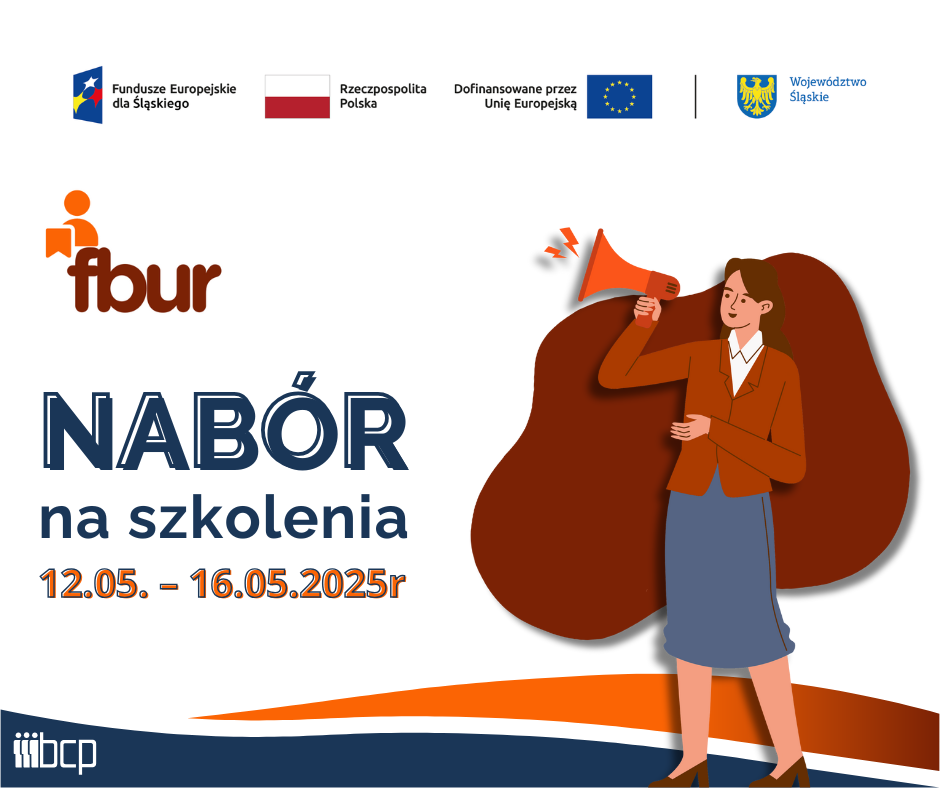 obrazek informujący o planowanym naborze na szkolenia wraz z zestawem wymaganych logotypów: Fundusze Europejskie dla Śląskiego, Flaga Polski, Unia Europejska, herb Województwa Śląskiego