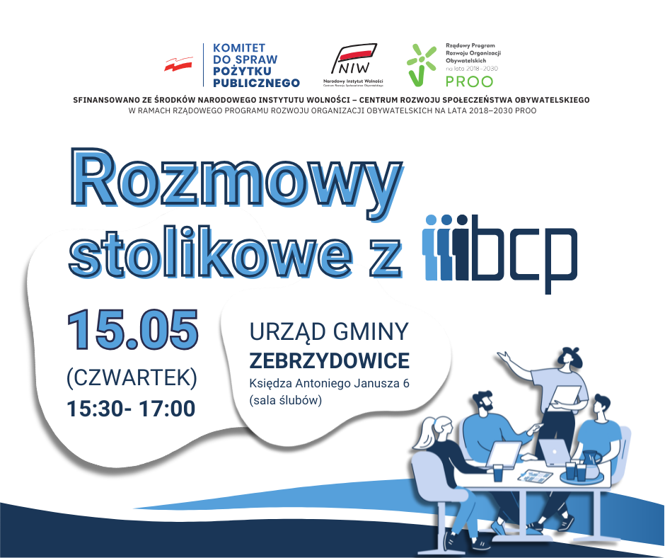 Obrazek z zaproszeniem na rozmowy stolikowe wraz z logotypami: komitet do spraw pożytku publicznego, NIW, PROO, BCP oraz napisem dotyczącym finansowania z NIW-CRSO w ramach PROO