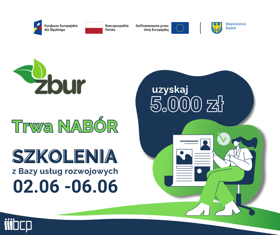 obrazek informujący o naborze na zielone szkolenia wraz z zestawem wymaganych logotypów: Fundusze Europejskie dla Śląskiego, Flaga Polski, Unia Europejska, herb Województwa Śląskiego