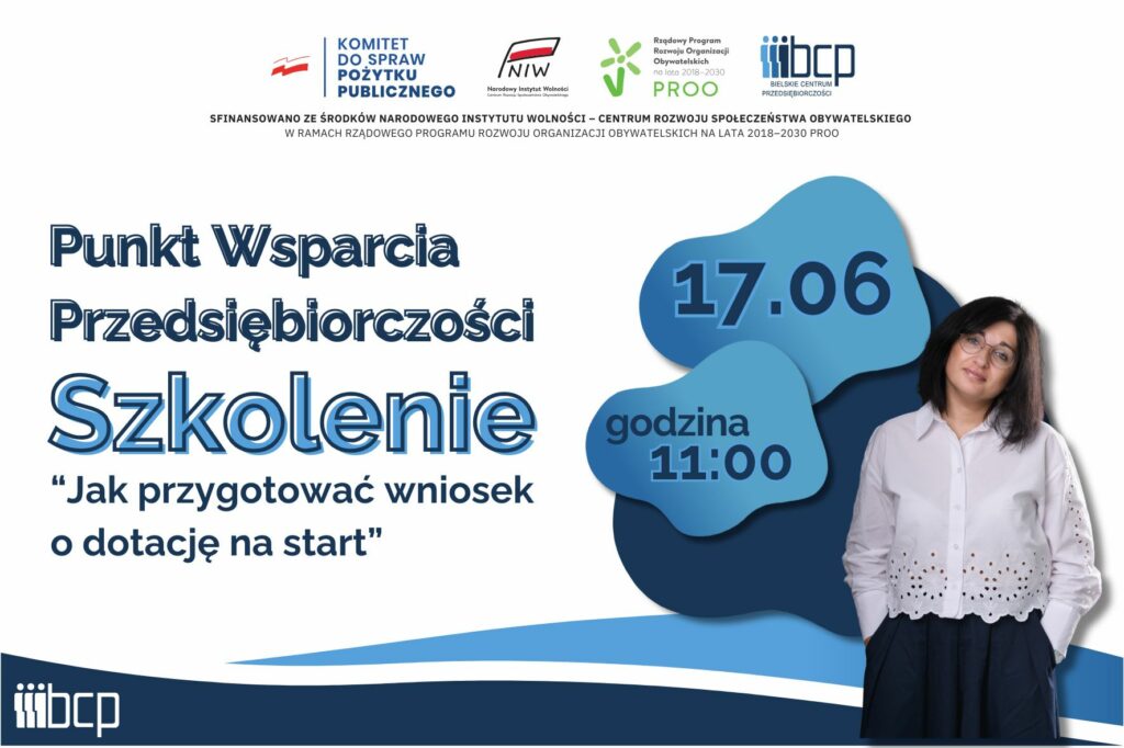 Obrazek informujący o szkolenie wraz z logotypami: komitet do spraw pożytku publicznego, NIW, PROO, BCP oraz napisem dotyczącym finansowania z NIW-CRSO w ramach PROO