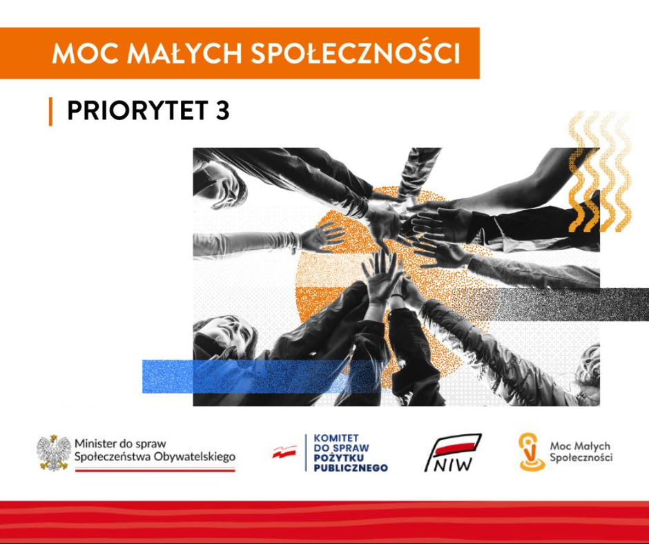 Obrazek promujący projekt Moc Małych Społeczności wraz z wymaganymi logotypami: Minister do spraw Społeczeństwa Obywatelskiego, Komitet do spraw pożytku publicznego, NIW, Moc Małych Społeczności