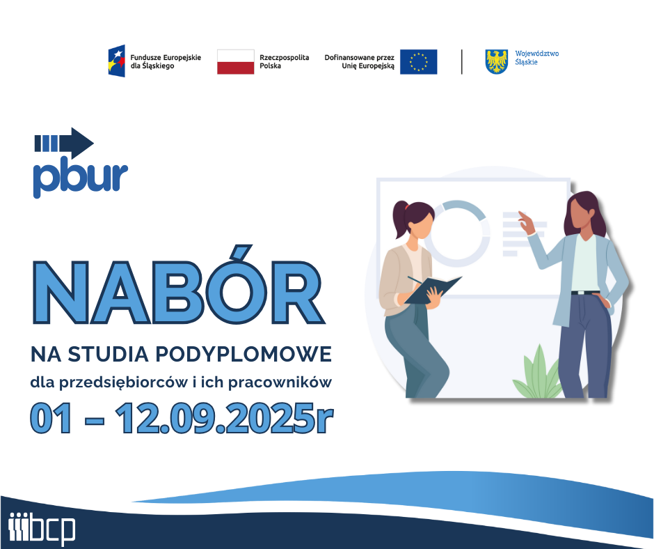 obrazek informujący o planowanym naborze na studia podyplomowe wraz z zestawem wymaganych logotypów: Fundusze Europejskie dla Śląskiego, Flaga Polski, Unia Europejska, herb Województwa Śląskiego