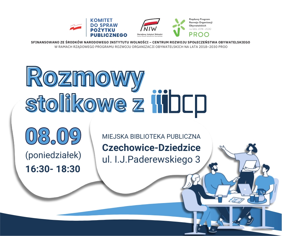 Obrazek z zaproszeniem na rozmowy stolikowe wraz z logotypami: komitet do spraw pożytku publicznego, NIW, PROO, BCP oraz napisem dotyczącym finansowania z NIW-CRSO w ramach PROO