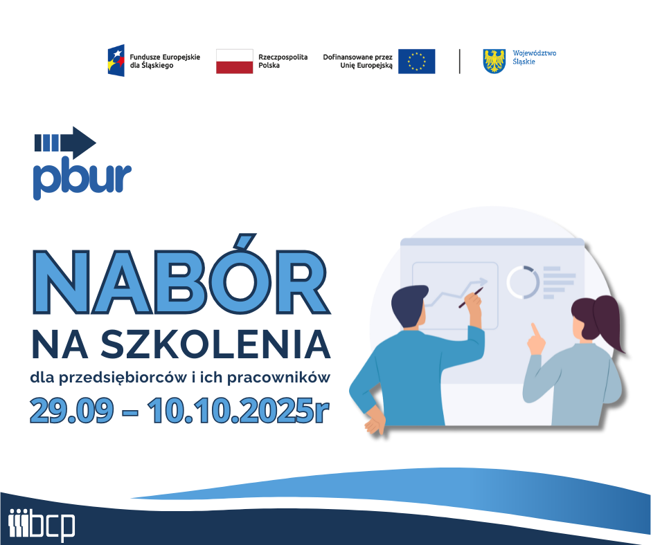 obrazek informujący o planowanym naborze na szkolenia dla przedsiębiorców i ich pracowników wraz z zestawem wymaganych logotypów: Fundusze Europejskie dla Śląskiego, Flaga Polski, Unia Europejska, herb Województwa Śląskiego

