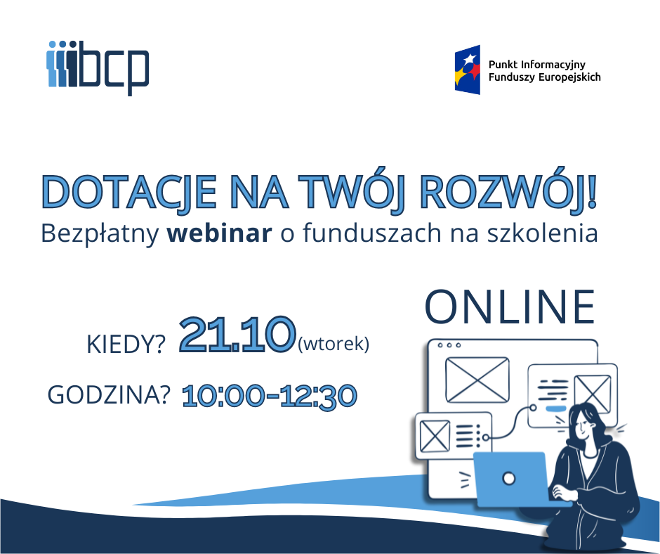 Obrazek zapraszający na webinarium organizowane przez Główny Punkt Informacyjny Funduszy Europejskich oraz Bielskie Centrum Przedsiębiorczości

