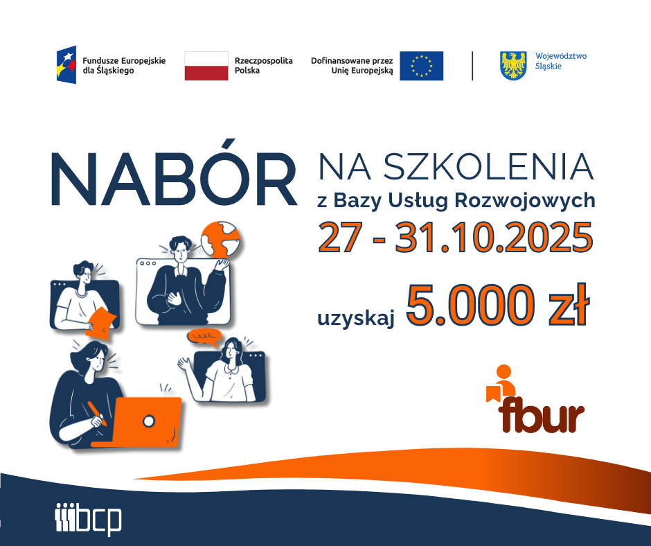 obrazek informujący o naborze na szkolenia wraz z zestawem wymaganych logotypów: Fundusze Europejskie dla Śląskiego, Flaga Polski, Unia Europejska, herb Województwa Śląskiego