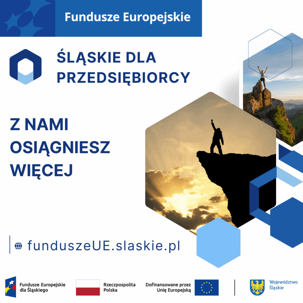 obrazek promujący cykl spotkań Śląskie dla Przedsiębiorcy wraz z zestawem wymaganych logotypów: Fundusze Europejskie dla Śląskiego, Flaga Polski, Unia Europejska, herb Województwa Śląskiego