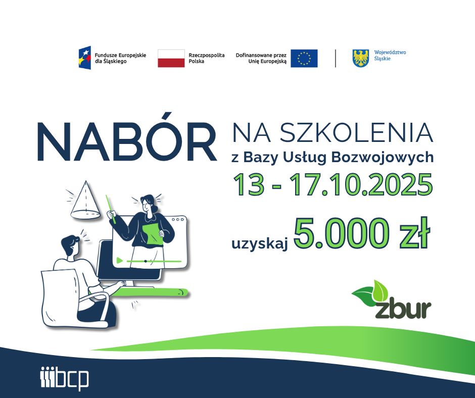 obrazek informujący o naborze na zielone szkolenia wraz z zestawem wymaganych logotypów: Fundusze Europejskie dla Śląskiego, Flaga Polski, Unia Europejska, herb Województwa Śląskiego