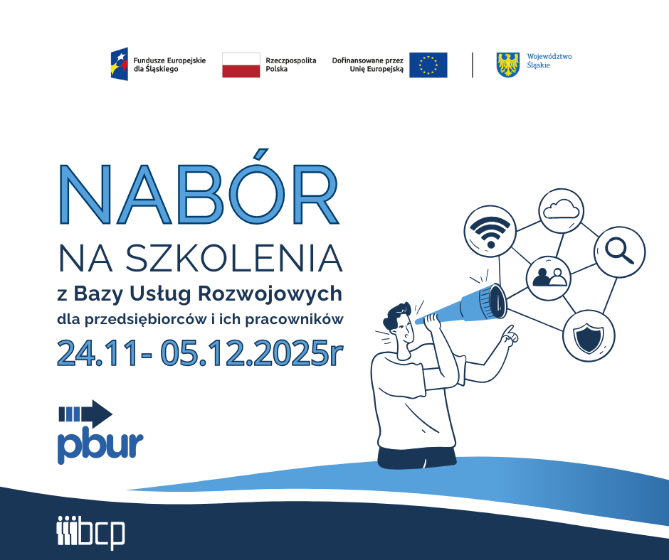 obrazek informujący o naborze na szkolenia dla przedsiębiorców i ich pracowników wraz z zestawem wymaganych logotypów: Fundusze Europejskie dla Śląskiego, Flaga Polski, Unia Europejska, herb Województwa Śląskiego