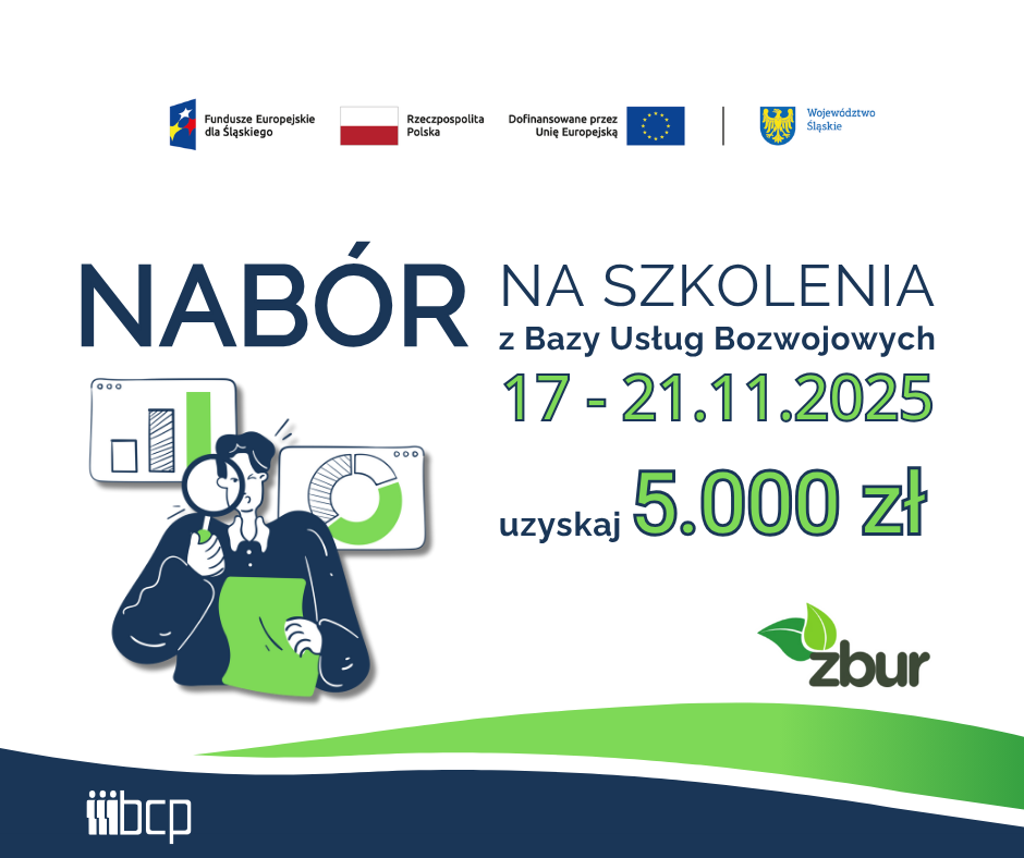 obrazek informujący o naborze na zielone szkolenia wraz z zestawem wymaganych logotypów: Fundusze Europejskie dla Śląskiego, Flaga Polski, Unia Europejska, herb Województwa Śląskiego