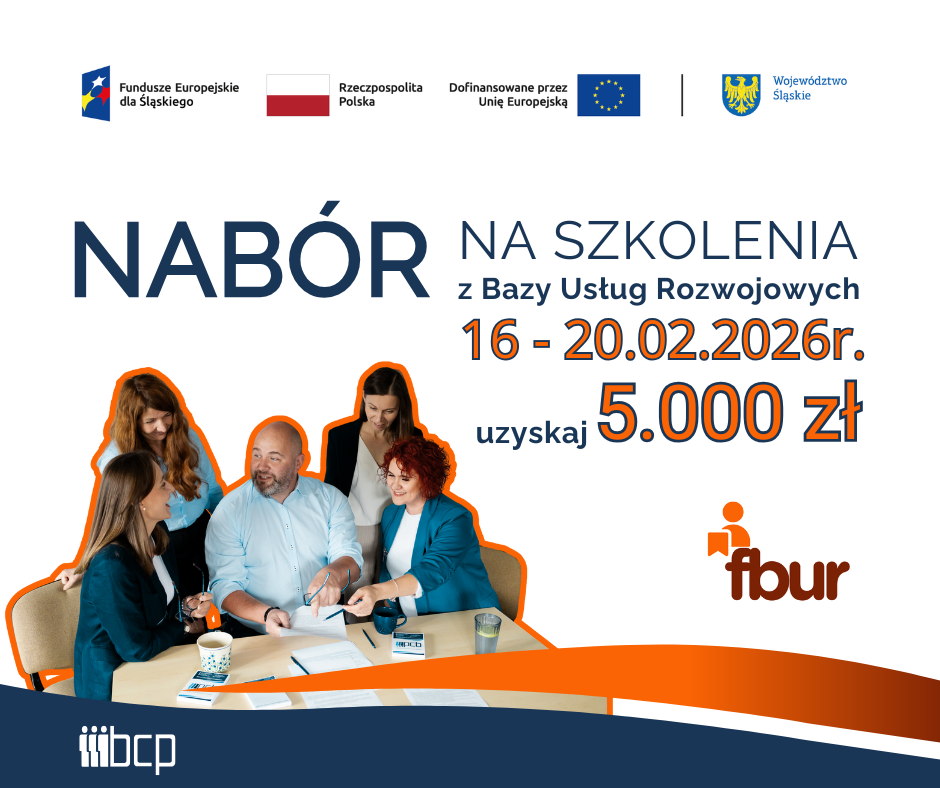 obrazek informujący o planowanym naborze na studia podyplomowe wraz z zestawem wymaganych logotypów: Fundusze Europejskie dla Śląskiego, Flaga Polski, Unia Europejska, herb Województwa Śląskiego