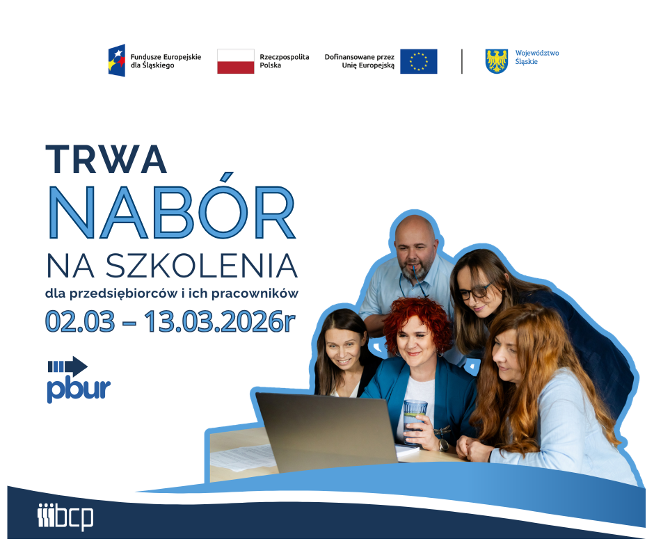 obrazek informujący o naborze na szkolenia dla przedsiębiorców i ich pracowników wraz z zestawem wymaganych logotypów: Fundusze Europejskie dla Śląskiego, Flaga Polski, Unia Europejska, herb Województwa Śląskiego
