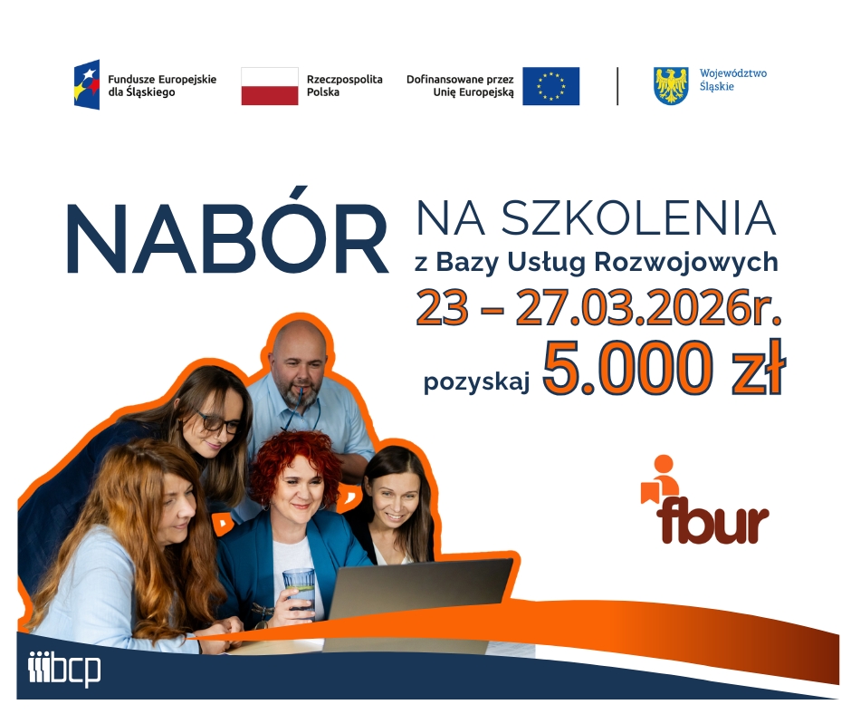 obrazek informujący o naborze na szkolenia wraz z zestawem wymaganych logotypów: Fundusze Europejskie dla Śląskiego, Flaga Polski, Unia Europejska, herb Województwa Śląskiego