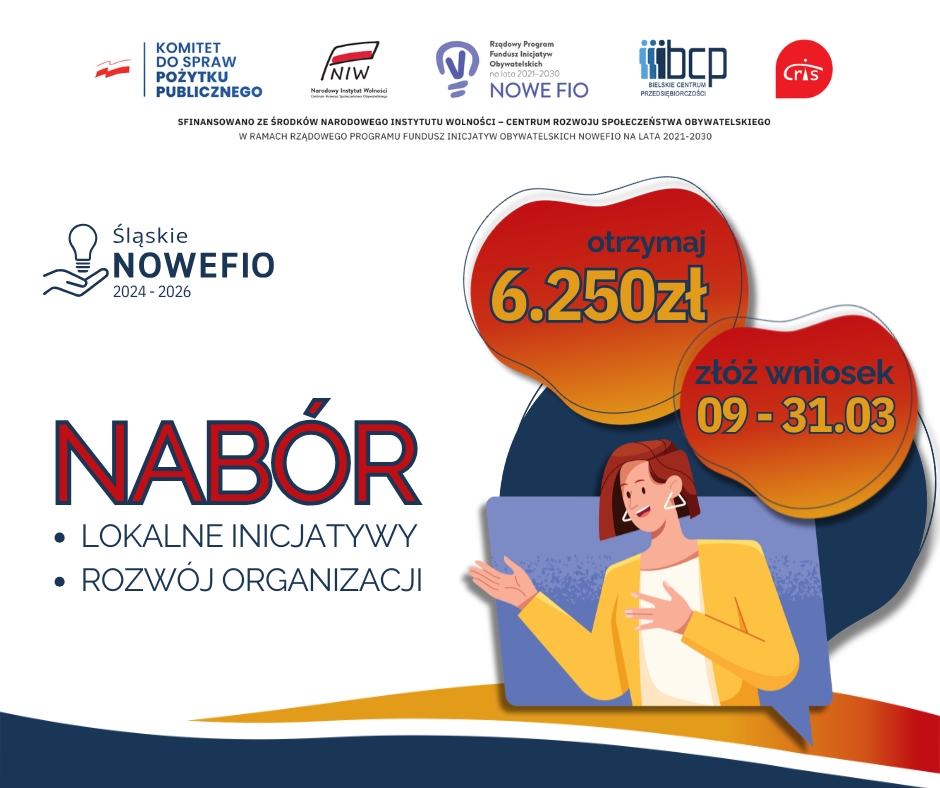 Informacja o naborze wniosków do projektu Śląskie NOWEFIO wraz z zestawem wymaganych logotypów: Komitet do spraw pożytku publicznego, NIW, Nowe Fio oraz realizatorów projektu: BCP oraz CRIS