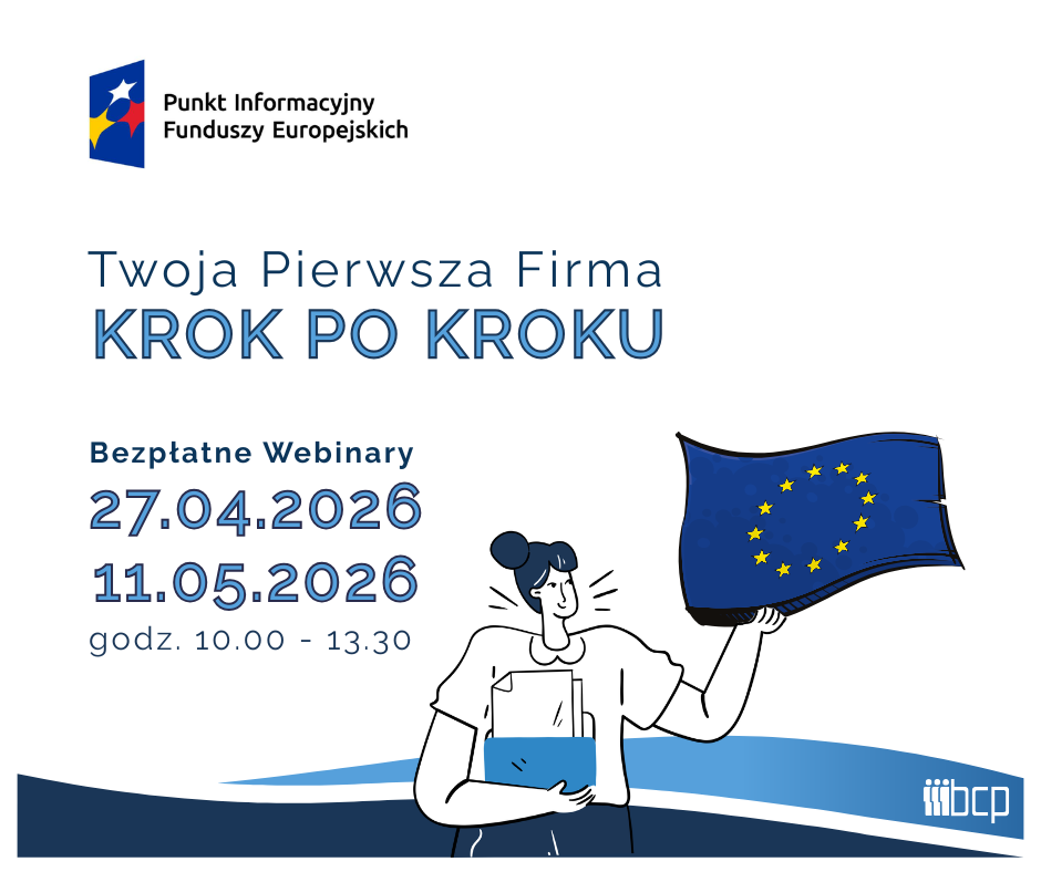 Obrazek zapraszający na szkolenie w formie webinarium organizowane przez Główny Punkt Informacyjny Funduszy Europejskich z logo Punktów Informacyjnych oraz logo BCP