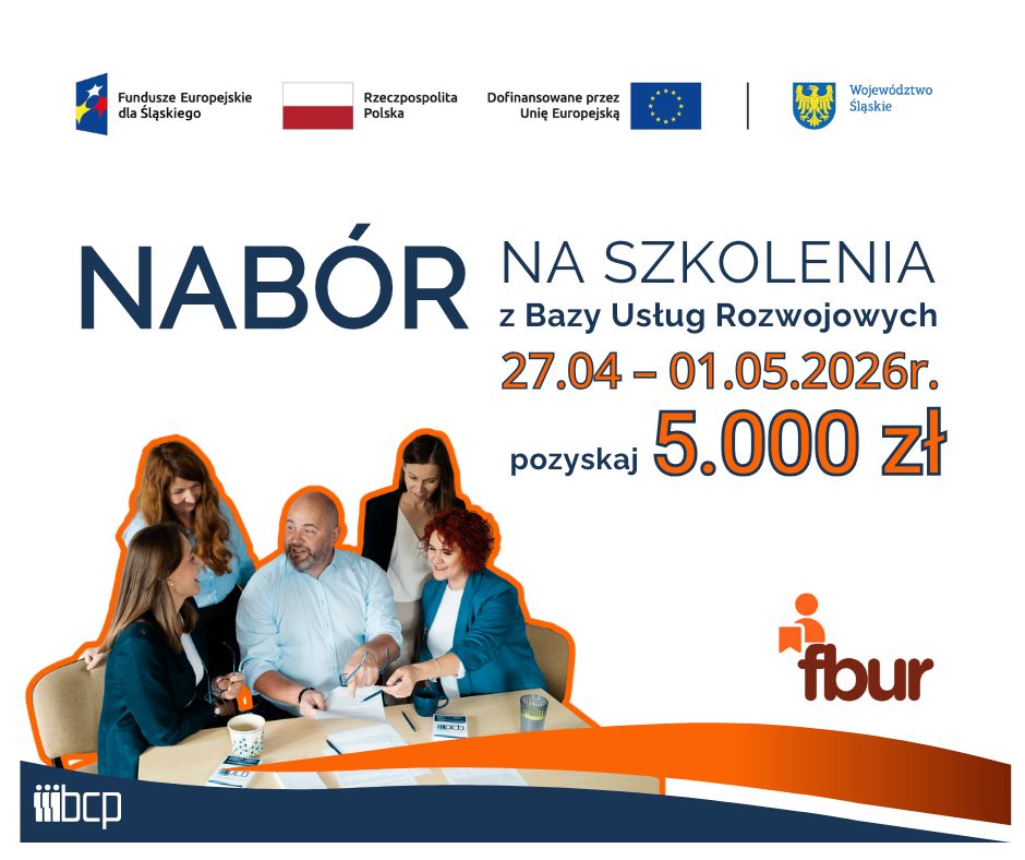 obrazek informujący o naborze na szkolenia wraz z zestawem wymaganych logotypów: Fundusze Europejskie dla Śląskiego, Flaga Polski, Unia Europejska, herb Województwa Śląskiego