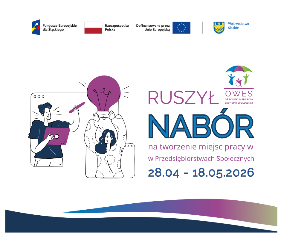obrazek informujący o naborze na tworzenie miejsc pracy w przedsiębiorstwach społecznych wraz z zestawem wymaganych logotypów: Fundusze Europejskie dla Śląskiego, Flaga Polski, Unia Europejska, herb Województwa Śląskiego