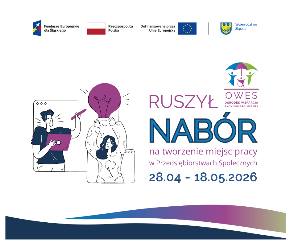 obrazek informujący o naborze na tworzenie miejsc pracy w przedsiębiorstwach społecznych wraz z zestawem wymaganych logotypów: Fundusze Europejskie dla Śląskiego, Flaga Polski, Unia Europejska, herb Województwa Śląskiego