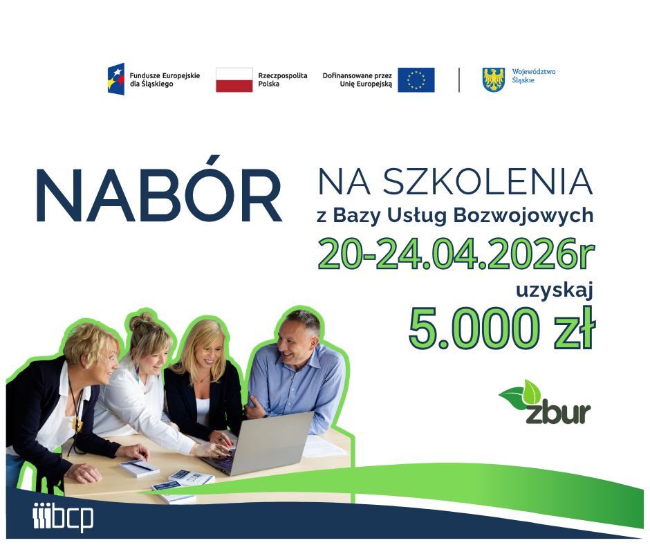 obrazek informujący o naborze na zielone szkolenia wraz z zestawem wymaganych logotypów: Fundusze Europejskie dla Śląskiego, Flaga Polski, Unia Europejska, herb Województwa Śląskiego