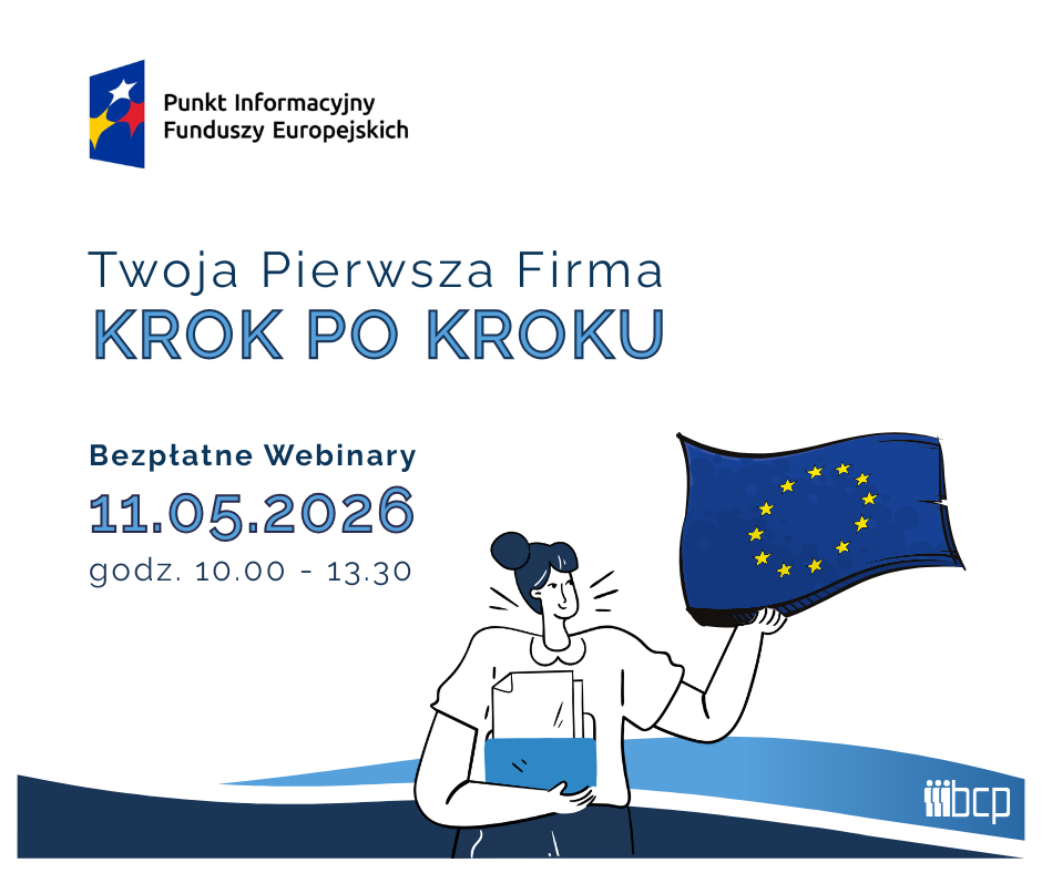Obrazek zapraszający na webinarium organizowane przez Główny Punkt Informacyjny Funduszy Europejskich oraz Bielskie Centrum Przedsiębiorczości