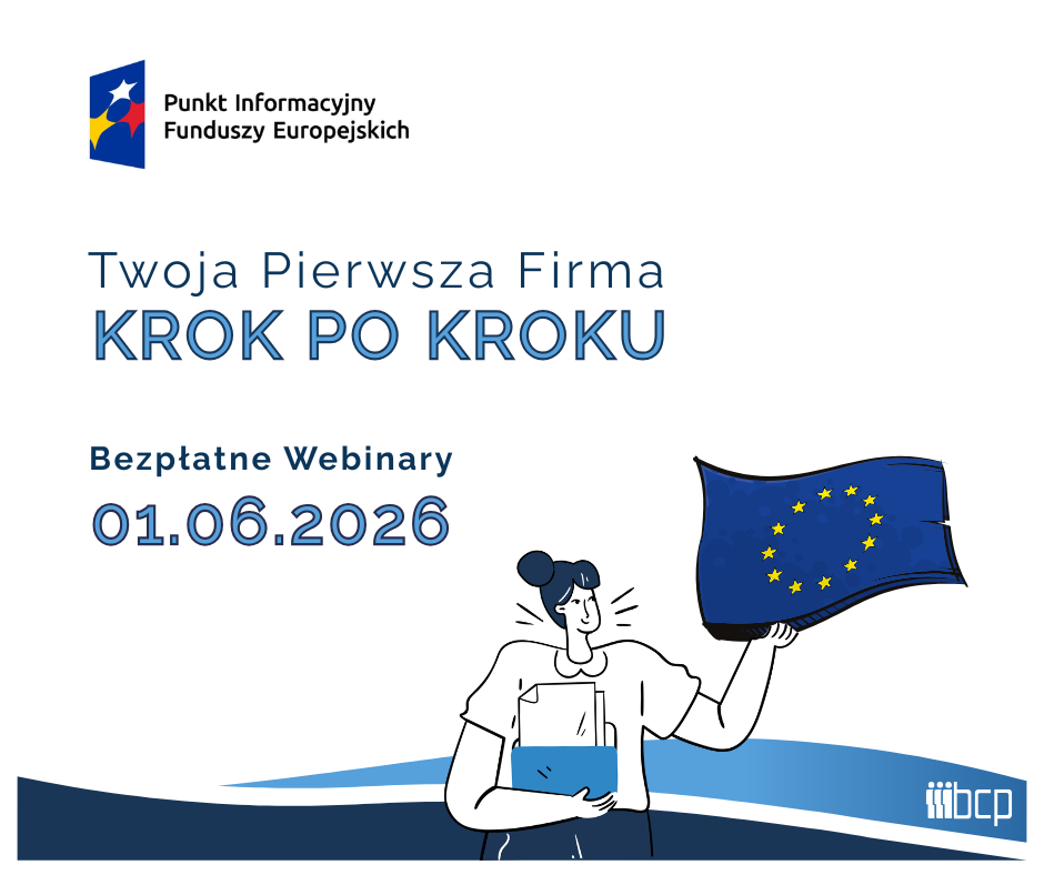 Obrazek zapraszający na szkolenie w formie webinarium organizowane przez Główny Punkt Informacyjny Funduszy Europejskich z logo Punktów Informacyjnych oraz logo BCP
