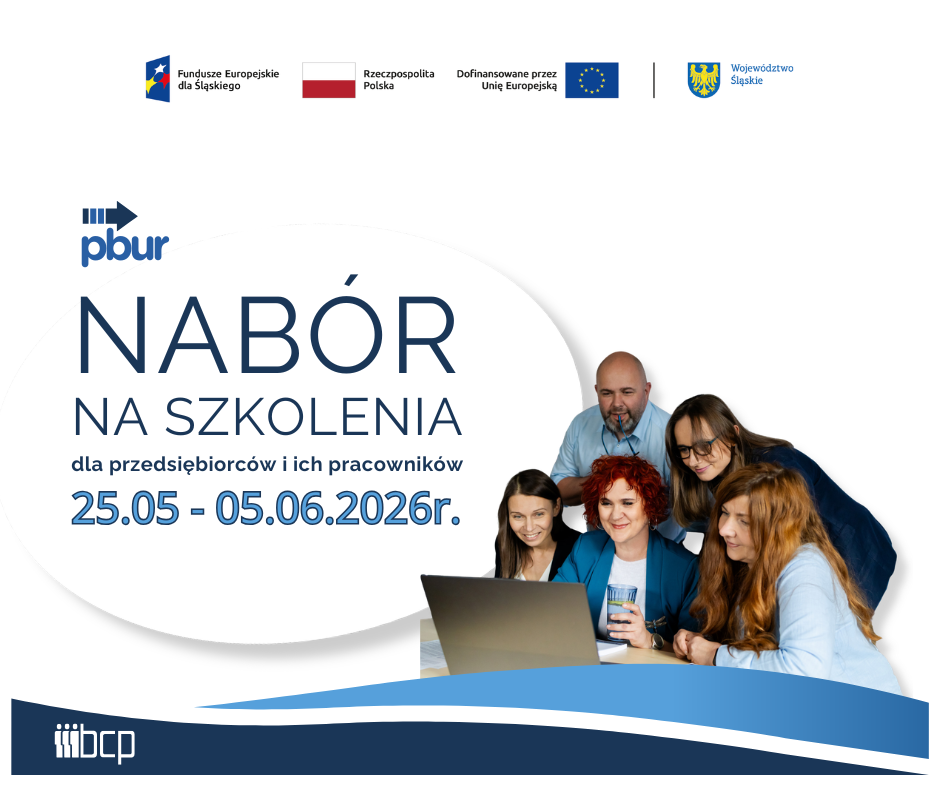 obrazek informujący o naborze na szkolenia dla przedsiębiorców i ich pracowników wraz z zestawem wymaganych logotypów: Fundusze Europejskie dla Śląskiego, Flaga Polski, Unia Europejska, herb Województwa Śląskiego