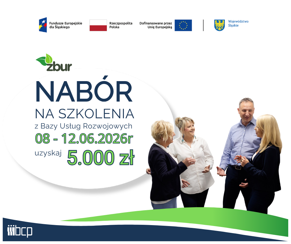 obrazek informujący o naborze na zielone szkolenia wraz z zestawem wymaganych logotypów: Fundusze Europejskie dla Śląskiego, Flaga Polski, Unia Europejska, herb Województwa Śląskiego