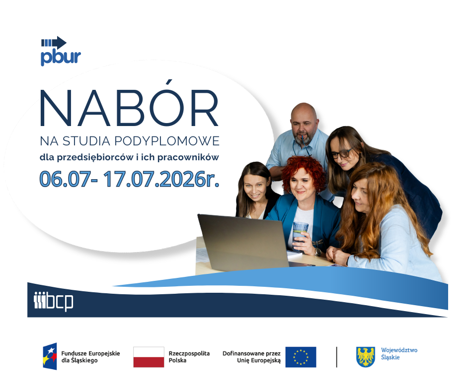obrazek informujący o naborze na studia podyplomowe dla przedsiębiorców i ich pracowników wraz z zestawem wymaganych logotypów: Fundusze Europejskie dla Śląskiego, Flaga Polski, Unia Europejska, herb Województwa Śląskiego