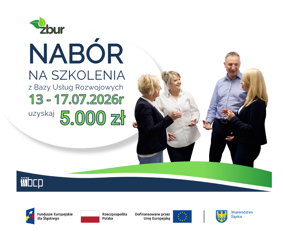 obrazek informujący o naborze na zielone szkolenia wraz z zestawem wymaganych logotypów: Fundusze Europejskie dla Śląskiego, Flaga Polski, Unia Europejska, herb Województwa Śląskiego