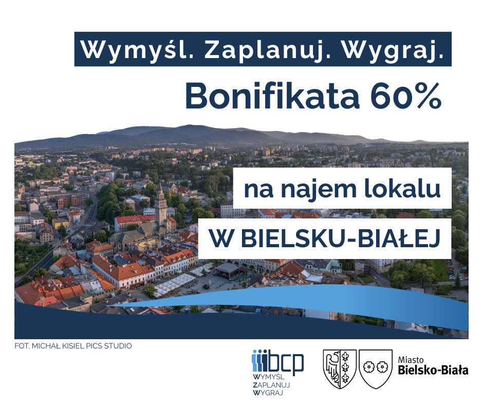 Obrazek  promujący projekt Wymyśl Zaplanuj Wygraj wraz z logami: Bielskie Centrum przedsiębiorczości oraz Miasto Bielsko-Biała