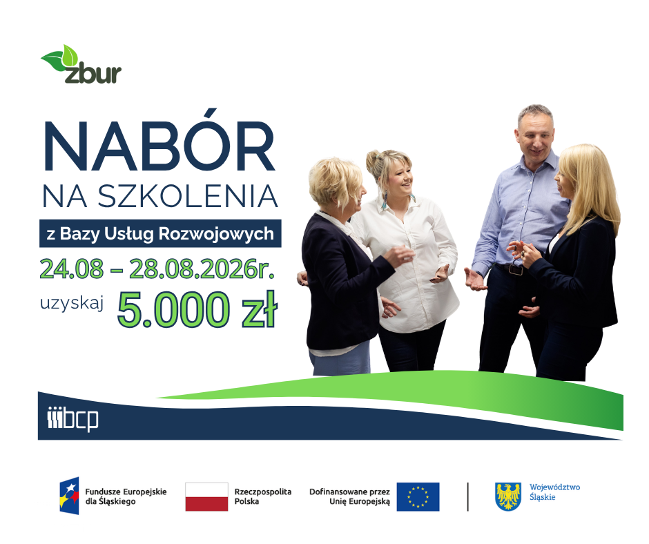 obrazek informujący o naborze na zielone szkolenia wraz z zestawem wymaganych logotypów: Fundusze Europejskie dla Śląskiego, Flaga Polski, Unia Europejska, herb Województwa Śląskiego