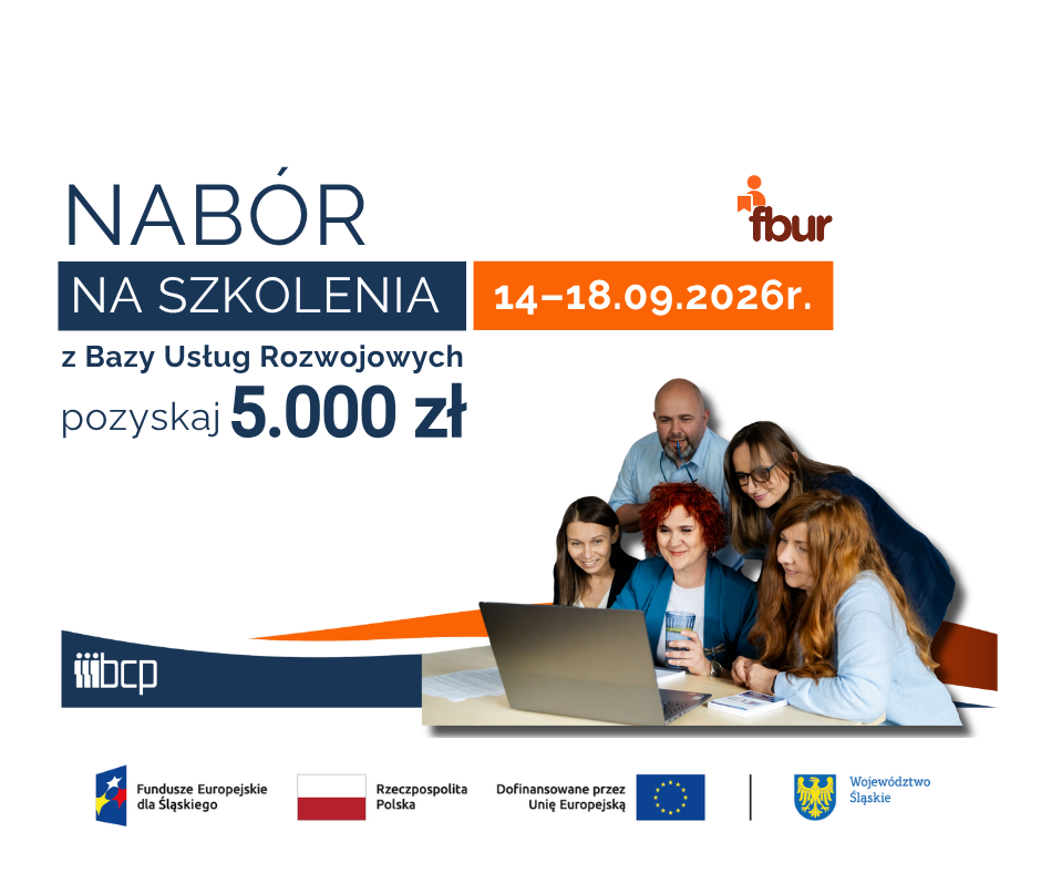 obrazek informujący o naborze na szkolenia wraz z zestawem wymaganych logotypów: Fundusze Europejskie dla Śląskiego, Flaga Polski, Unia Europejska, herb Województwa Śląskiego