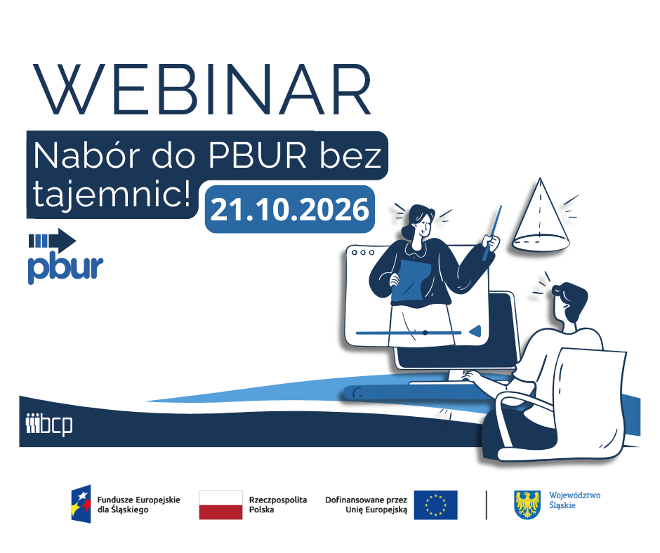 obrazek informujący o webinarium  dotyczącym uzyskania dofinansowania na szkolenia dla przedsiębiorców i ich pracowników wraz z zestawem wymaganych logotypów: Fundusze Europejskie dla Śląskiego, Flaga Polski, Unia Europejska, herb Województwa Śląskiego