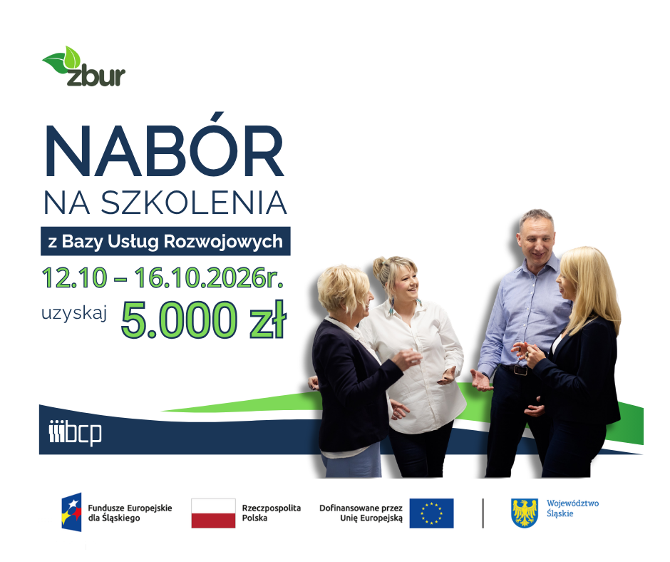 obrazek informujący o naborze na zielone szkolenia wraz z zestawem wymaganych logotypów: Fundusze Europejskie dla Śląskiego, Flaga Polski, Unia Europejska, herb Województwa Śląskiego